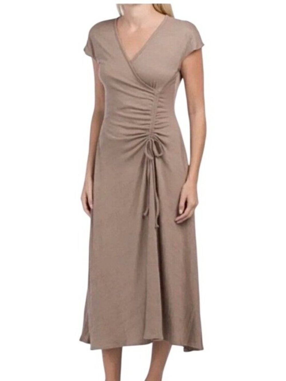 Max Studio Tan Midi Dress XL Ruched Wrap-Front Cap Sleeve Stretch Blend Summer